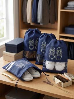 YELONA - Unisex Navy Blue Shoe Bags Pack of 4- Travel Pouch With Clear Window. (Large)