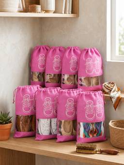 YELONA - Unisex Pink Shoe Bags Pack of 8 - Travel Pouch With Clear Window. (Large)