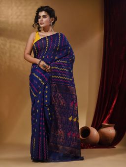 Arhi - Navy Blue Cotton Handwoven jamdhani Saree with Chevron Designs