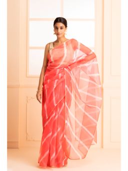 Geroo Jaipur - Pink Handcrafted Leheriya Organza Saree