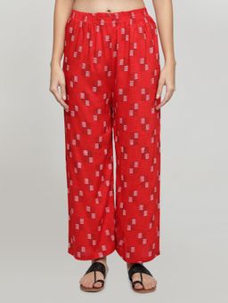Fabclub - Women Rayon Red Printed Palazzo