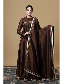 VGlame - Brown V Silk Yoke Gathered Kurti with Lehenga and Dupatta