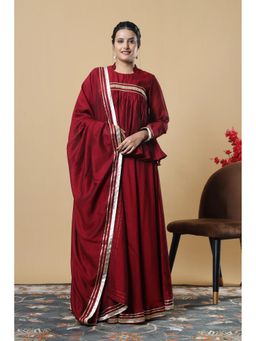 VGlame - Maroon V Silk Yoke Gathered Kurti with Lehenga and Dupatta