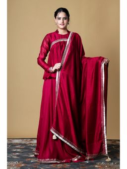 VGlame - Burgundy V Silk Yoke Gathered Kurti with Lehenga and Dupatta
