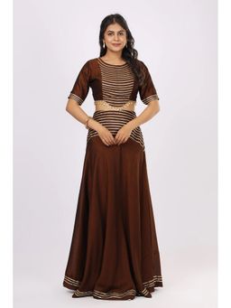 VGlame - Women'S Brown Silk Crop Top with Skirt and Dupatta