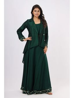 VGlame - Women'S Bottle Green Silk Top with Skirt and Jacket