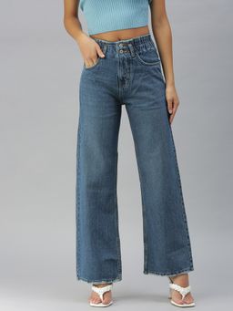 SHOWOFFFF - Women Low Distress Blue Wide Leg Denim Jeans