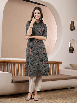 Stylum - Womens Black Printed Rayon A-Line Kurta