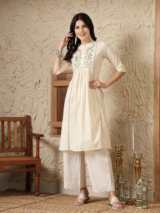 Women's Cream Round Neck Empire A-Line Kurti