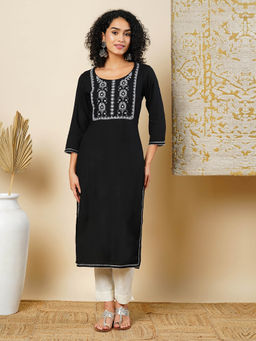 Globus - Women Black Round Neck Embroidered Yoke Straight Workwear Kurta