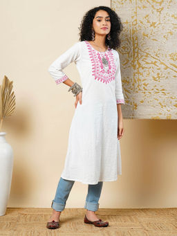Globus - Women White Cotton Thread Work Embroidered Yoke Flared Hem A-Line Workwear Kurta