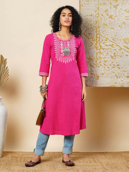 Globus - Women Pink Cotton Thread Work Embroidered Yoke Flared Hem A-Line Workwear Kurta