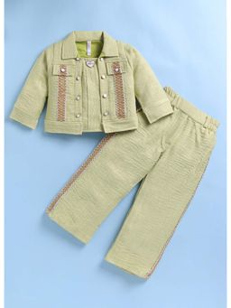 Toonyport - Girls Green Cotton Textured Top with Shirt and Pant