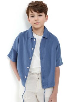 RARE ONES - Kids Qirk Blue Cotton Blend Solid Regular Shirt