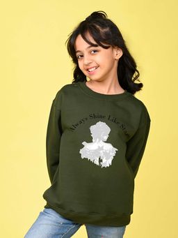 Nusyl - Girls Olive Graphic Full Sleeves Sweatshirt
