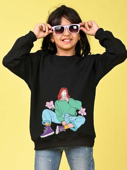 Nusyl - Girls Black One Girl Graphic Full Sleeves Sweatshirt