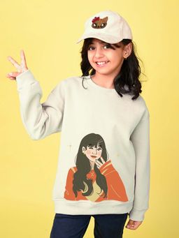 Nusyl - Girls Beige One Girl Graphic Full Sleeves Sweatshirt