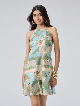 Twenty Dresses by Nykaa Fashion - Green Floral Back Tie Up Sleeveless Fit And Flare Mini Dress