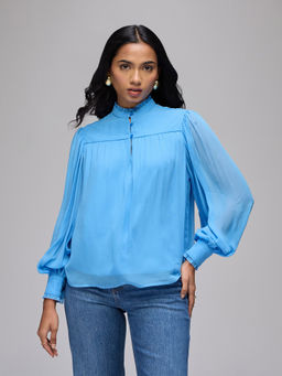 Twenty Dresses by Nykaa Fashion - Blue High Neck Full Puff Sleeves Frill Detail Top