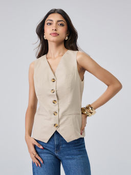 Twenty Dresses by Nykaa Fashion - Beige Twill V-Neck Sleeveless Waistcoat Top