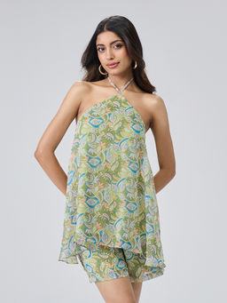 Twenty Dresses by Nykaa Fashion - Green Floral Chiffon Halter Neck Top Elastic Shorts Co-Ord Set