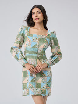 Twenty Dresses by Nykaa Fashion - Green Floral Square Neck Puffed Sleeves Mini Dress