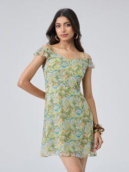 Twenty Dresses by Nykaa Fashion - Green Floral Printed Ruffled Wide Neck Mini Dress
