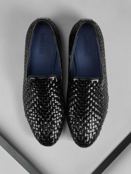 Mochi - Mens Black Woven Style Leather Loafers