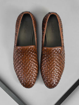 Mochi - Mens Tan Woven Style Leather Loafers