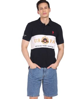 U.S. POLO ASSN. - Men Navy Blue Blue & White Colour Block Cotton Polo T-Shirt