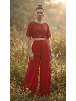 Basanti Kapde aur Koffee - Women Crepe Red Embellished Bustier And Palazzo