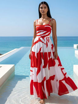 Poppi - Rosso Printed Pleated Maxi Dress
