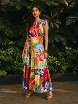 Poppi - Mosaic Printed Pleated Maxi Dress