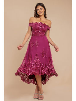 GODDIVA - Women Magenta Bardot Sequin and Lace High Low Midi Dress