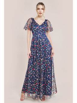 GODDIVA - Women Navy Blue Flutter Sleeve Floral Embroidered Midi Dress