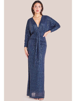 GODDIVA - Women Navy Blue Plunge Neck Sequin Maxi Dress