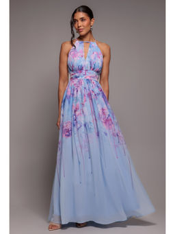 GODDIVA - Women Blue Floral Printed Chiffon Halter Maxi Dress