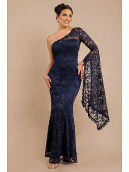 GODDIVA - Women Navy Blue One Shoulder Scalloped Neck Maxi Dress