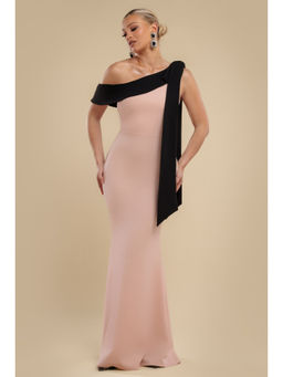 GODDIVA - Women Nude One Shoulder Contrast Bow Maxi Dress