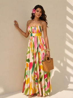 Poppi - Spring Printed Pleated Maxi Dress