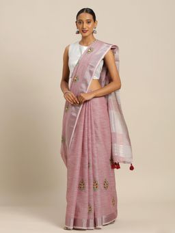 Sangam Prints - Light Purple Linen Cotton Embroidery Traditional Saree with Unstitched Blouse