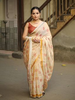Soulweaves - Lotus Beige Saree with Unstitched Blouse