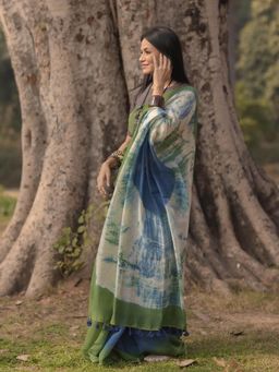Soulweaves - Shibori Green Blue Saree with Unstitched Blouse