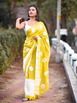 Soulweaves - Shibori Lemon Yellow Saree with Unstitched Blouse