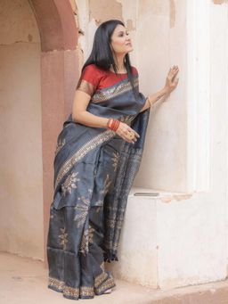 Soulweaves - Bani Thani Charcoal Grey Saree with Unstitched Blouse