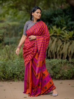 Soulweaves - Kapaas Pink Orange Saree with Unstitched Blouse