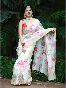 Soulweaves - Pari Tree White Saree with Unstitched Blouse