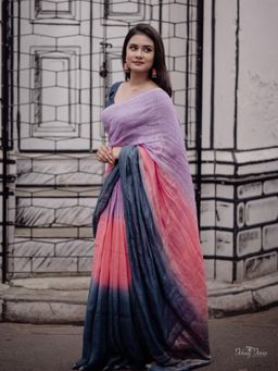 Soulweaves - Three Colour Printed Saree with Unstitched Blouse