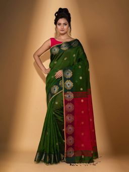 Beatitude - Green Blended Cotton Woven Saree with Unstitched Blouse