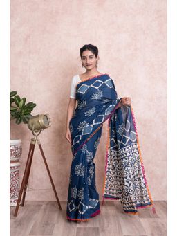 KISHORI - Women Dabu Motif Print Cotton Mulmul Saree with Unstitched Blouse - Indigo & Blue